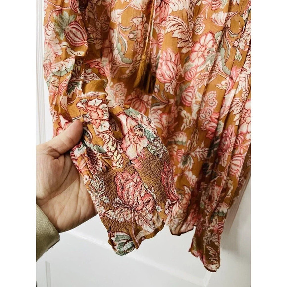 By Anthropologie Pullover Blouse XLP Sheer Floral Flowy Boho Tassels Tie Neck - Picture 4 of 12